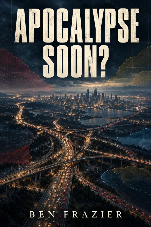 Cover of Apocalypse Soon?: a city skyline beyond a vast tangle of freeway at dusk.