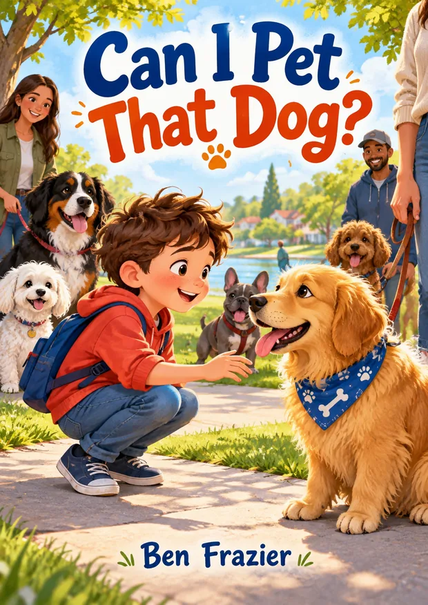 Cover of Can I Pet That Dog?: a boy kneeling to greet a golden retriever in a park.