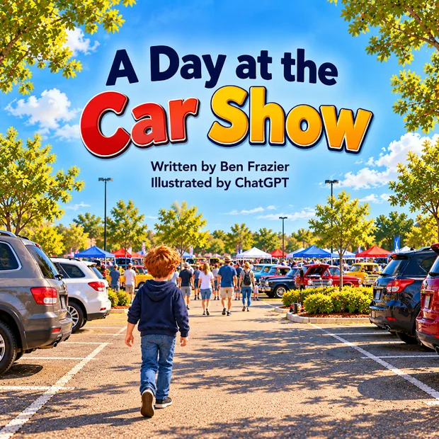 Cover of A Day at the Car Show: a boy walking between rows of parked classic cars.