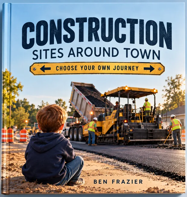 Cover of Construction Sites Around Town: a boy watching a paving crew at work.