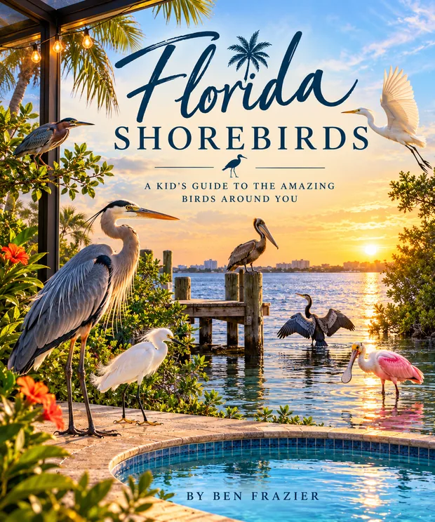 Cover of Florida Shorebirds: herons, egrets and spoonbills at the water’s edge at sunset.