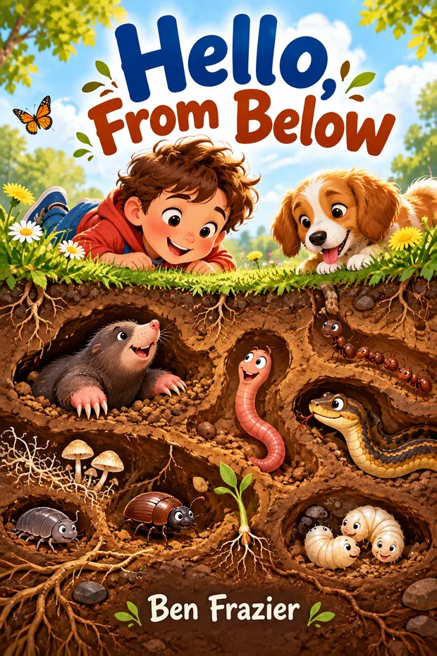 Cover of Hello, From Below: a boy lying on the grass above a cutaway of burrowing animals.