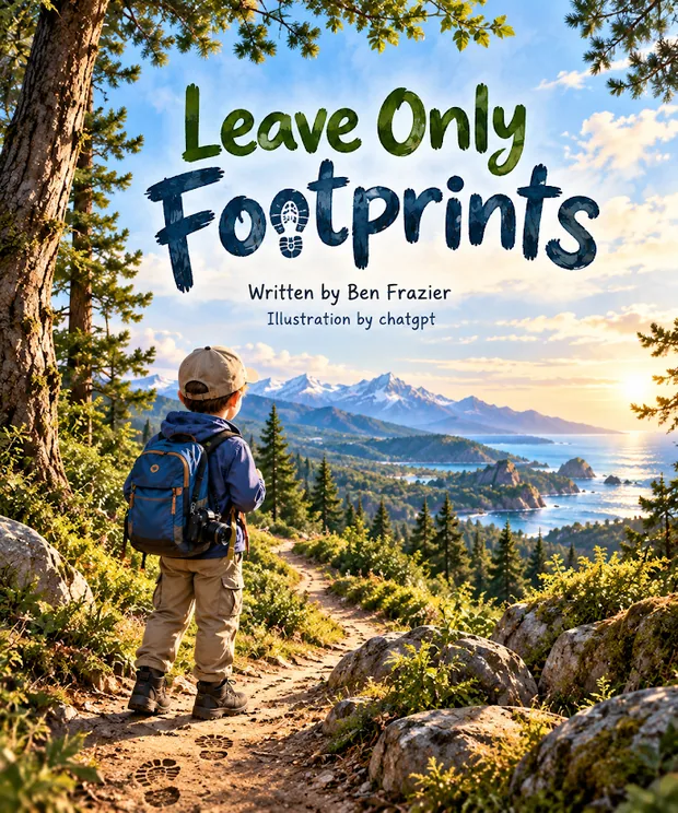 Cover of Leave Only Footprints: a boy with a backpack on a mountain trail above a distant coastline.