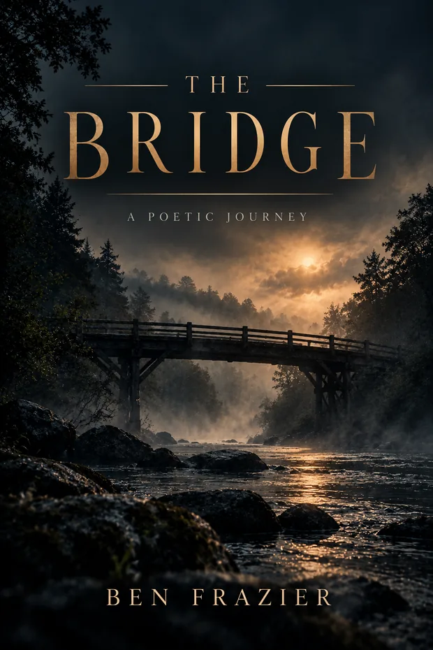 Cover of The Bridge: an old wooden footbridge over a dark river at dusk.