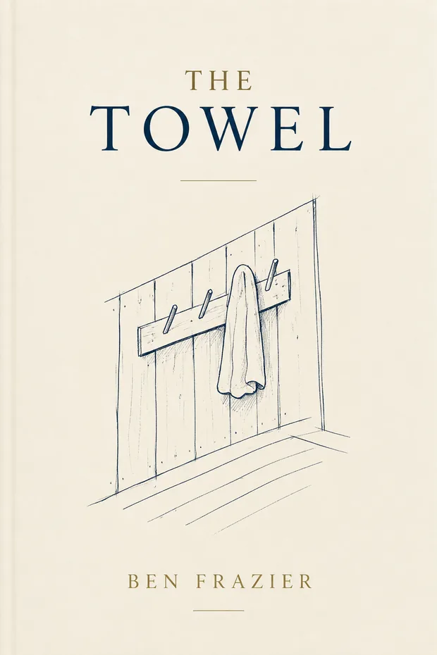 Cover of The Towel: a pencil sketch of a towel hanging on an outdoor shower wall.