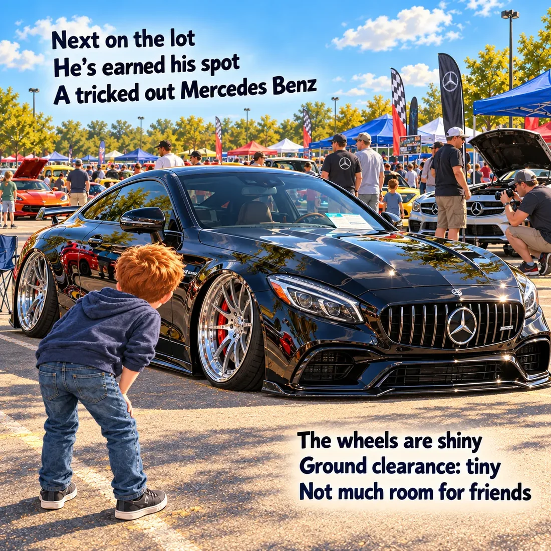 A boy bends down to look under a lowered black Mercedes-Benz with chrome wheels.