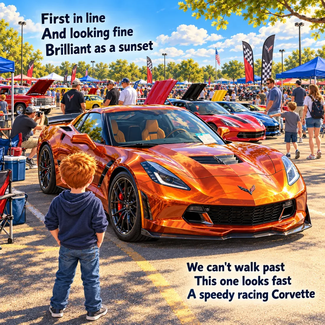 A boy looks at an orange Corvette at the front of a row of sports cars.
