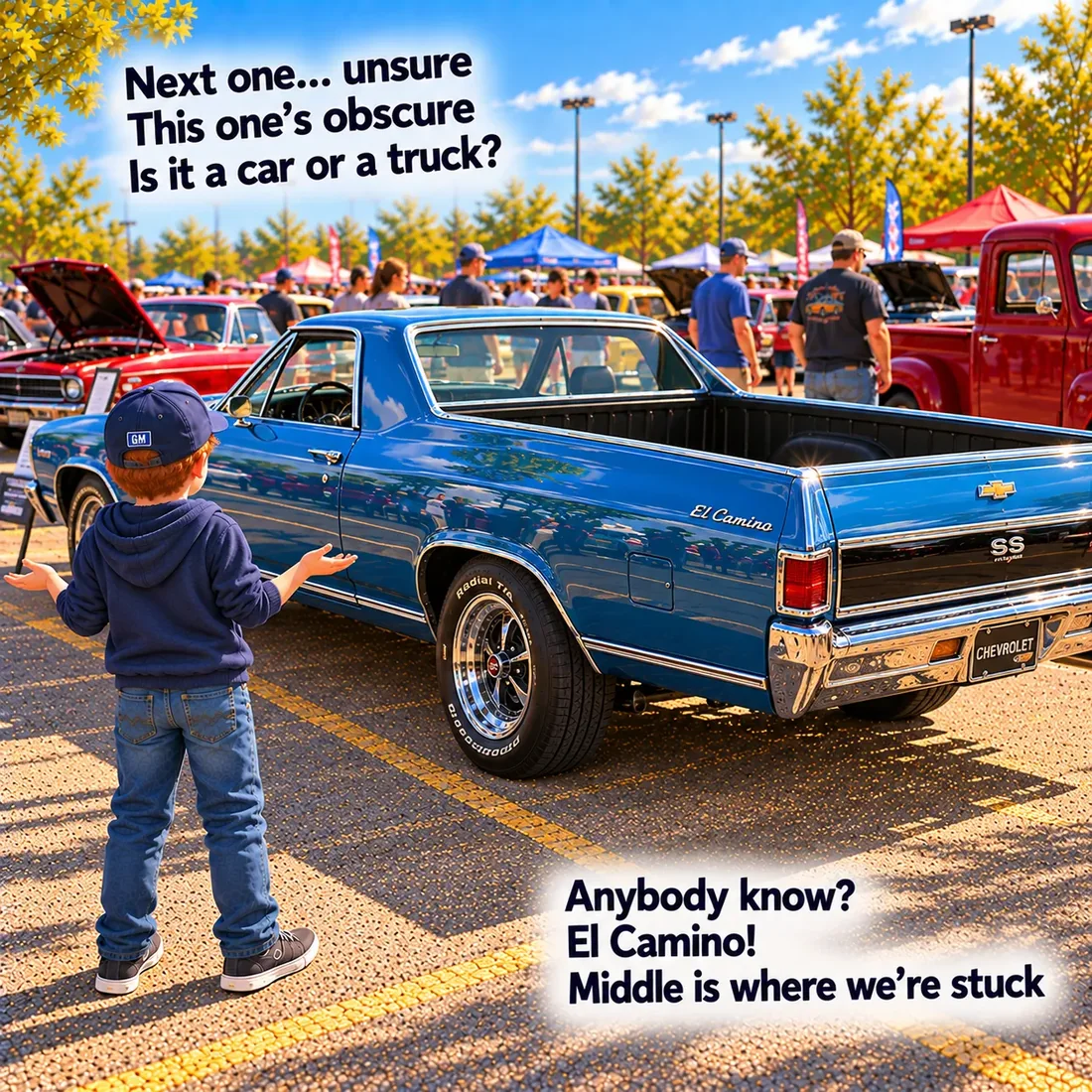 A boy shrugs at a blue Chevrolet El Camino, half car and half pickup truck.