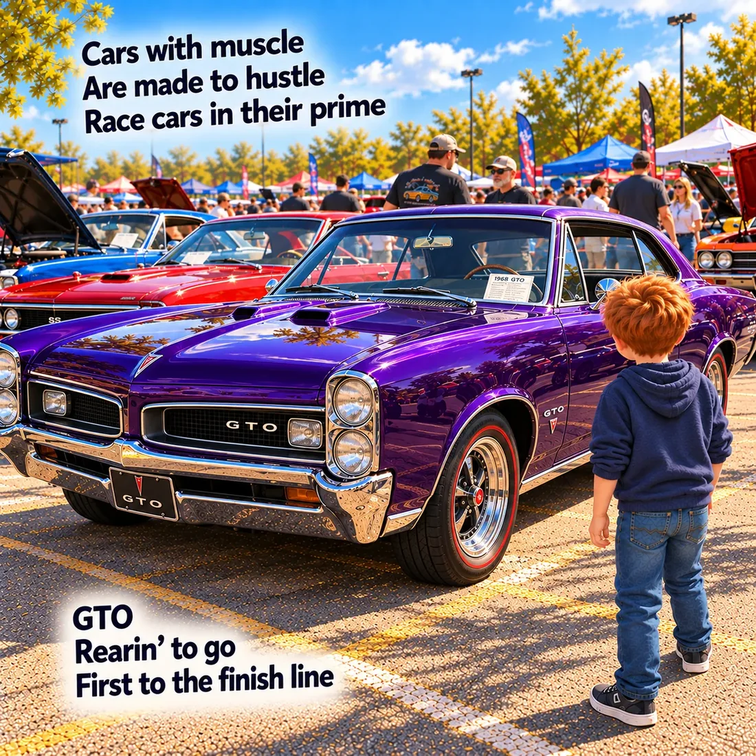 A boy stands beside a purple Pontiac GTO with its hood scoops gleaming.