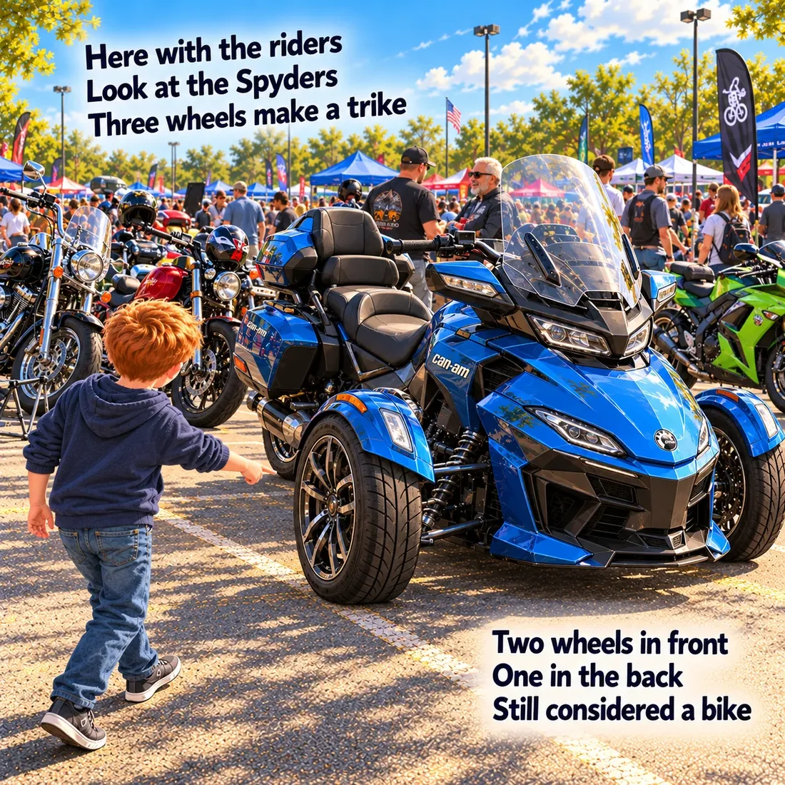 A boy points at a blue three-wheeled Can-Am Spyder parked among motorcycles.