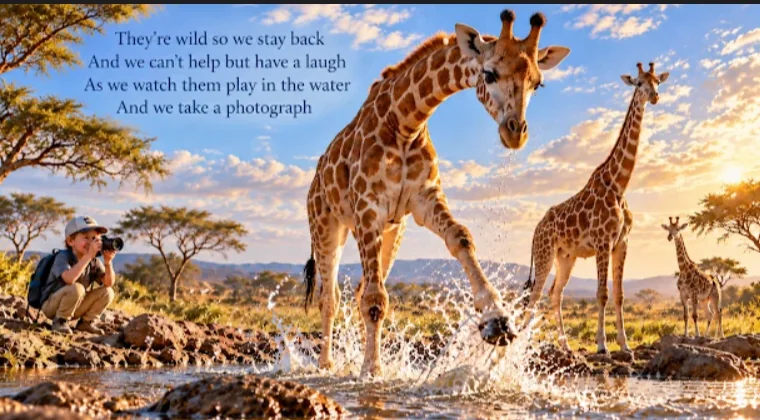A boy kneels at a distance with a camera while two giraffes splash at a waterhole at sunset.