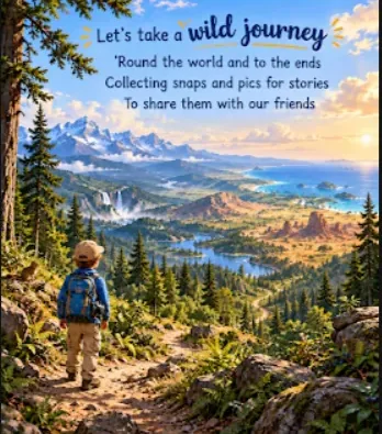A boy with a blue backpack stands on a mountain trail looking out over lakes and distant peaks.