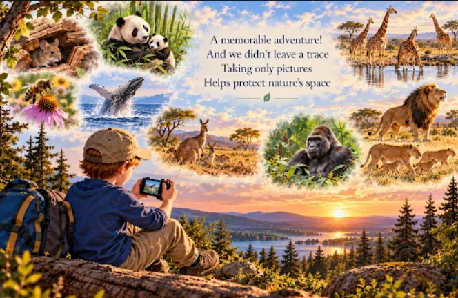 A boy sits on a fallen log at sunset reviewing photographs, surrounded by vignettes of the animals he met.