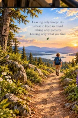 A boy walks away down a wooded trail toward a sunset over a lake.